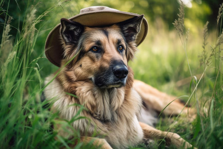Summertime image of a shepherd dog wearing a hat resting and anticipating somethingの素材