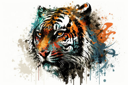Tiger head drawn by hand and colored with paint on a white backgroundの素材