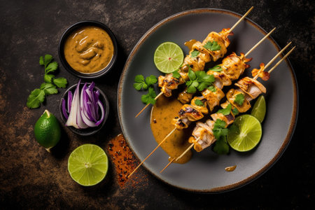 Top view of cooked chicken satay skewers with lime and peanut sauce. Thai cuisine of an Asian flavorの素材