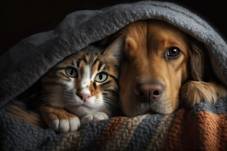Together, a dog and a cat cuddled up under a warm blanketの素材