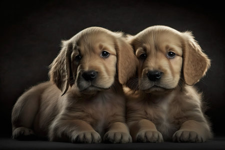 There were two golden retriever puppies lying next to each other. Animal studio portraitの素材
