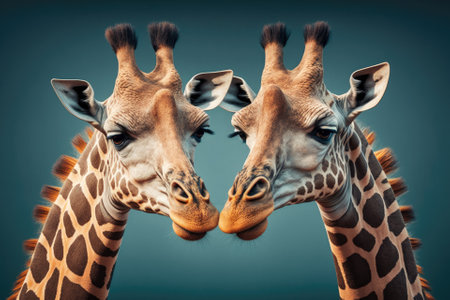 Two giraffes with their necks tied togetherの素材