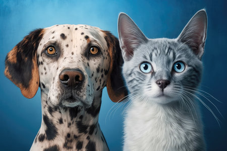 Together, a cat and a dog look at the camera on a blue backgroundの素材