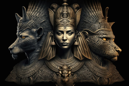 Two Egyptian sphinxes and a queen in raster form on a dark backgroundの素材