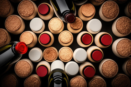 Wine bottles, top view, red and white, with red and black corksの素材