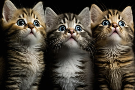 There are three adorable kittens waiting to be fed (or likes). Faces of cats looking up in wonderの素材