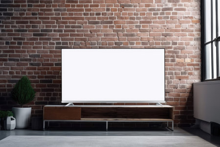 White screen on a led television or TV mounted on a brick wall in a roomの素材