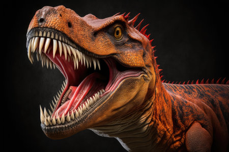 The model of a predatory dinosaur has a large, open mouth with sharp teethの素材