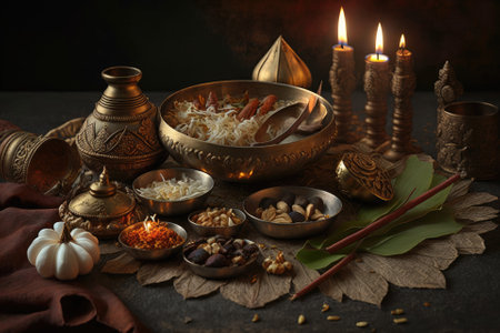 Vegetarian biryani, candles, incense and religious symbols at Diwali celebration on the tableの素材
