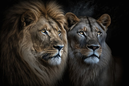 The lion and the lioness are both animals. In the dark, a portraitの素材