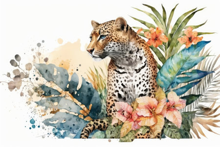 Watercolor decoration with a cute leopard and tropical flowers on a white backgroundの素材