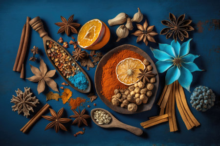 spices from all around Asia over a blue wooden background. a top viewの素材