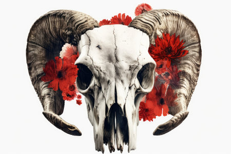 skull of a goat with crimson poppies. frightening clip art with a white backdropの素材