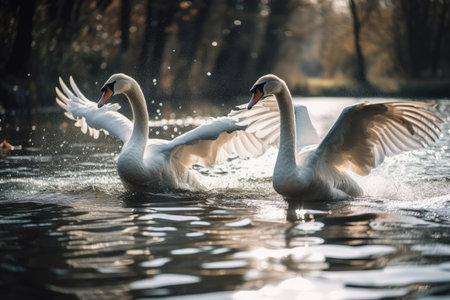 two swans flying in a lake in a portraitの素材