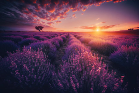 sunset in a field of lavenderの素材