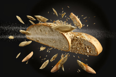 With sesame and pumpkin seeds flying in the air, freshly baked wheat baguette bread is cutの素材