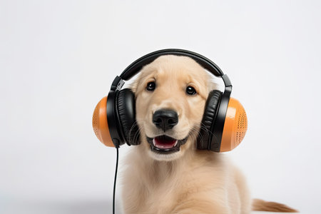 On a white background, a cute golden retriever puppy dog wears black earmuffsの素材