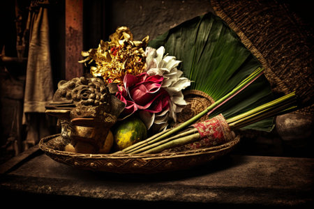 traditional balinese offerings of flowers and fragrant sticks to the gods in Baliの素材