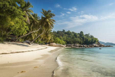 view of a tropical beach with coconut palmsの素材