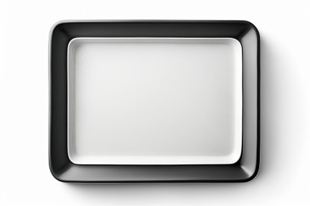 Ceramic plate in the shape of a rectangle in black, isolated on a white background. looking upの素材