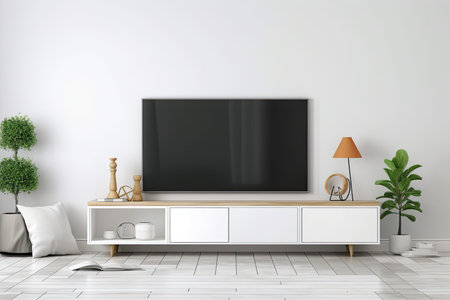 White wall, TV cabinet, and displayの素材