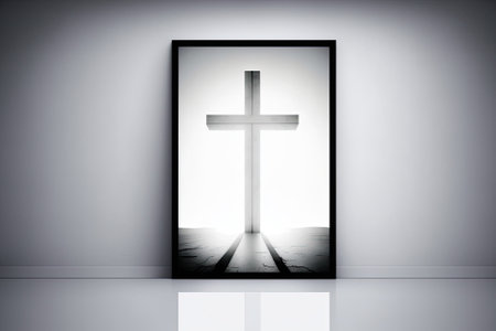 a white background with a solitary Christian crossの素材