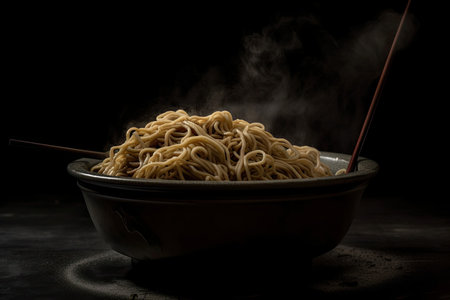 noodles in a smokey state with chopsticks, isolated on a dark background with a clipping pathの素材