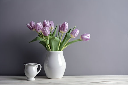gray wall with violet tulips in a white vase as a backdropの素材