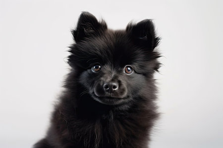 White backdrop with a cute black puppy with fluffy hair in the foregroundの素材
