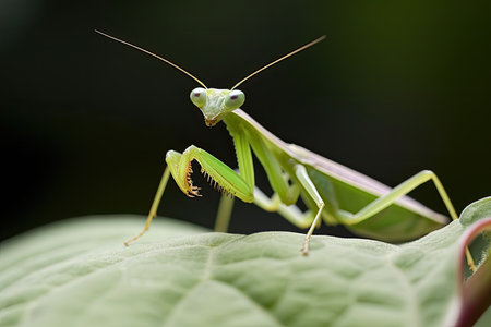 Mantis religiosa, a female European Mantis, or Praying Mantis, on a leafの素材