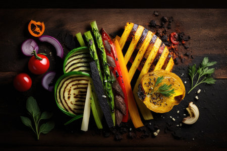 Vegetables sliced and grilled, with a dark wooden background in the backgroundの素材