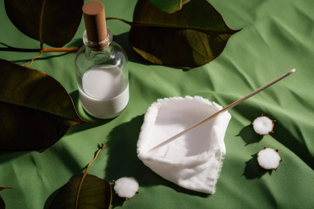 Top view of a cleansing solution with cotton swabs against a colored backgroundの素材