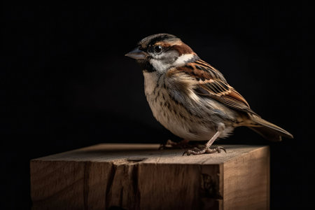 A bird house sparrow sitting on a dark wooden block with clear black background isolatedの素材