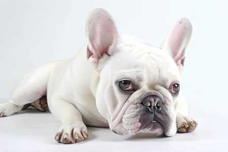 A white background with a picture of a french bulldog laying on the floorの素材