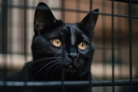 Black cat in a cage at a shelter, dozing off on a shelfの素材