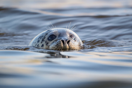 A young grey seal (Halichoerus grypus) swimming with its head above the waterの素材