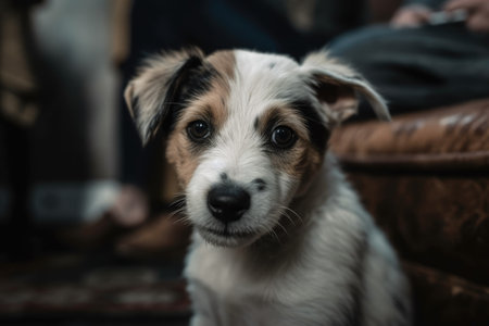 Adopted and content at home, a homeless puppy. In the living room, a puppy. Generative AIの素材