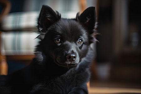 At home, a cute young Schipperke puppyの素材