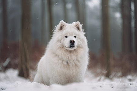 Beautiful Samoyed polar dog in winter. Generative AIの素材