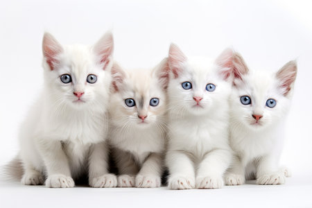 Adorable and calm kittens pose for a sequence of emotions and style over a white backgroundの素材