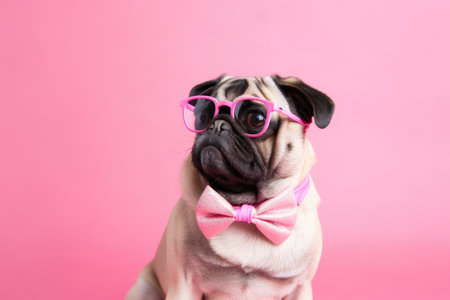 On a pink background, a funny Pug dog wears pink glassesの素材