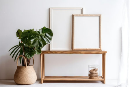 Featuring flowers and plants, a vintage white shelf holds a wooden frameの素材