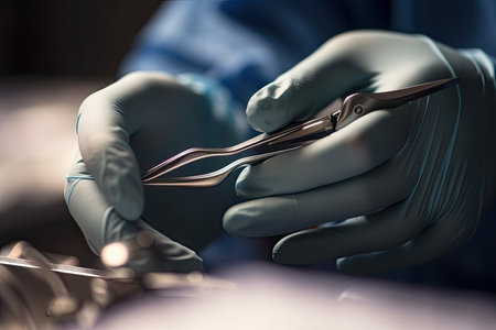 Detail of sterilized surgical instruments with a hand grasping a tool,. Generative AIの素材