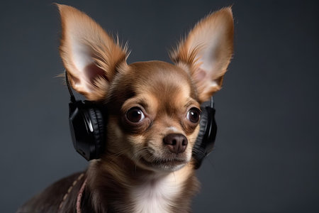 Chihuahua in the studio with his ears lowered, looking scaredの素材