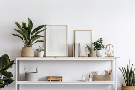 Shelf with plants and a white frameの素材