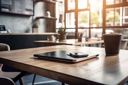 Front view of an office workstation in a cafe with a blank tablet screenの素材