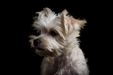 Isolated on a black backdrop, a young white boomer dogの素材