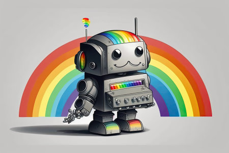 Robot cartoon in line with rainbow gradientの素材