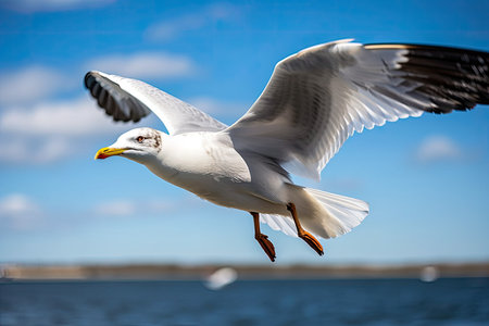 Seagull soaring with wings spread wide against a background of blue skyの素材