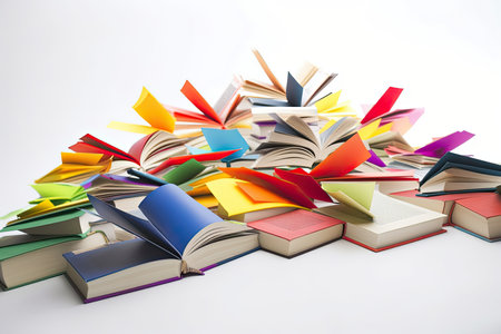 Flying hardcover books in various colors on a white backgroundの素材